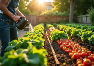 Летний огород с овощами ягодами и зеленью на участке в России