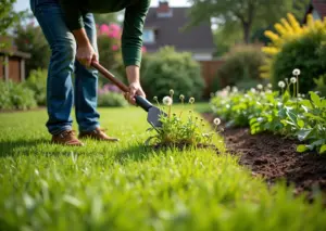 Участок сада с зелёным газоном и грядками без одуванчиков, человек удаляет сорняки вручную