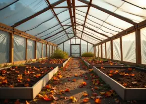 Теплица осенью после сбора урожая, подготовленная к зиме, с чистой почвой и инструментами для ухода