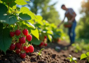 Сад с ремонтантной малиной с кустами с красными ягодами и садовником на заднем плане
