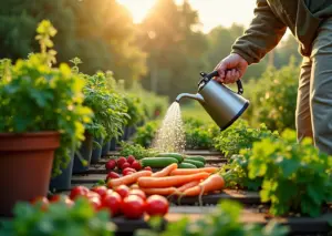 Яркий огород в России с растущими овощами, ягодами и зеленью, солнечный день, человек поливает растения