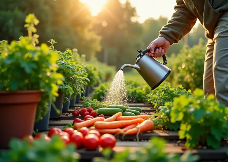 Яркий огород в России с растущими овощами, ягодами и зеленью, солнечный день, человек поливает растения