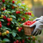 Бесшипный куст крыжовника с созревающими ягодами и садовод, собирающий урожай в корзину на дачном участке