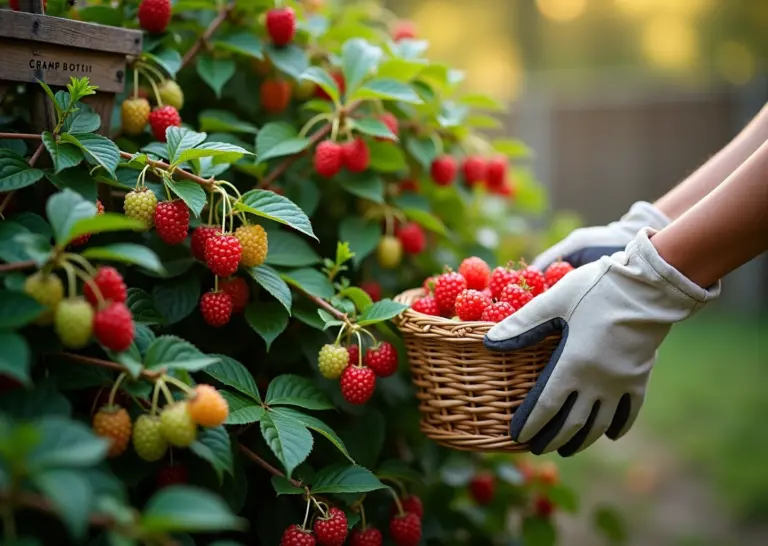Бесшипный куст крыжовника с созревающими ягодами и садовод, собирающий урожай в корзину на дачном участке