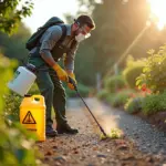 Дачник в защите опрыскивает сорняки вдоль дорожки, рядом упаковка гербицида и огородные грядки