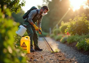 Дачник в защите опрыскивает сорняки вдоль дорожки, рядом упаковка гербицида и огородные грядки