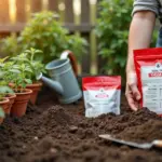 Садовая грядка: руки садовода с тестом почвы и пакетами минеральных удобрений N P K на фоне рассады и дачного участка