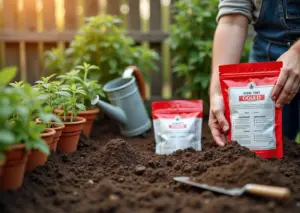 Садовая грядка: руки садовода с тестом почвы и пакетами минеральных удобрений N P K на фоне рассады и дачного участка