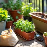 Балконный огород с горшками и ящиками, наполненными грунтом и растениями; мешок субстрата и садовый инвентарь на переднем плане