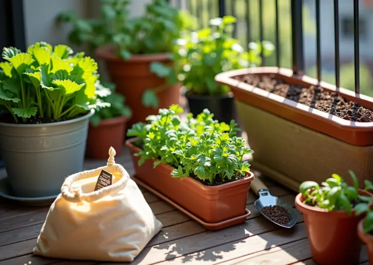 Балконный огород с горшками и ящиками, наполненными грунтом и растениями; мешок субстрата и садовый инвентарь на переднем плане