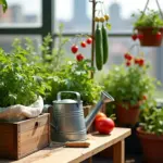 Балконная грядка в ящиках и горшках с салатом, петрушкой, томатами черри и подвесной клубникой на солнечном балконе