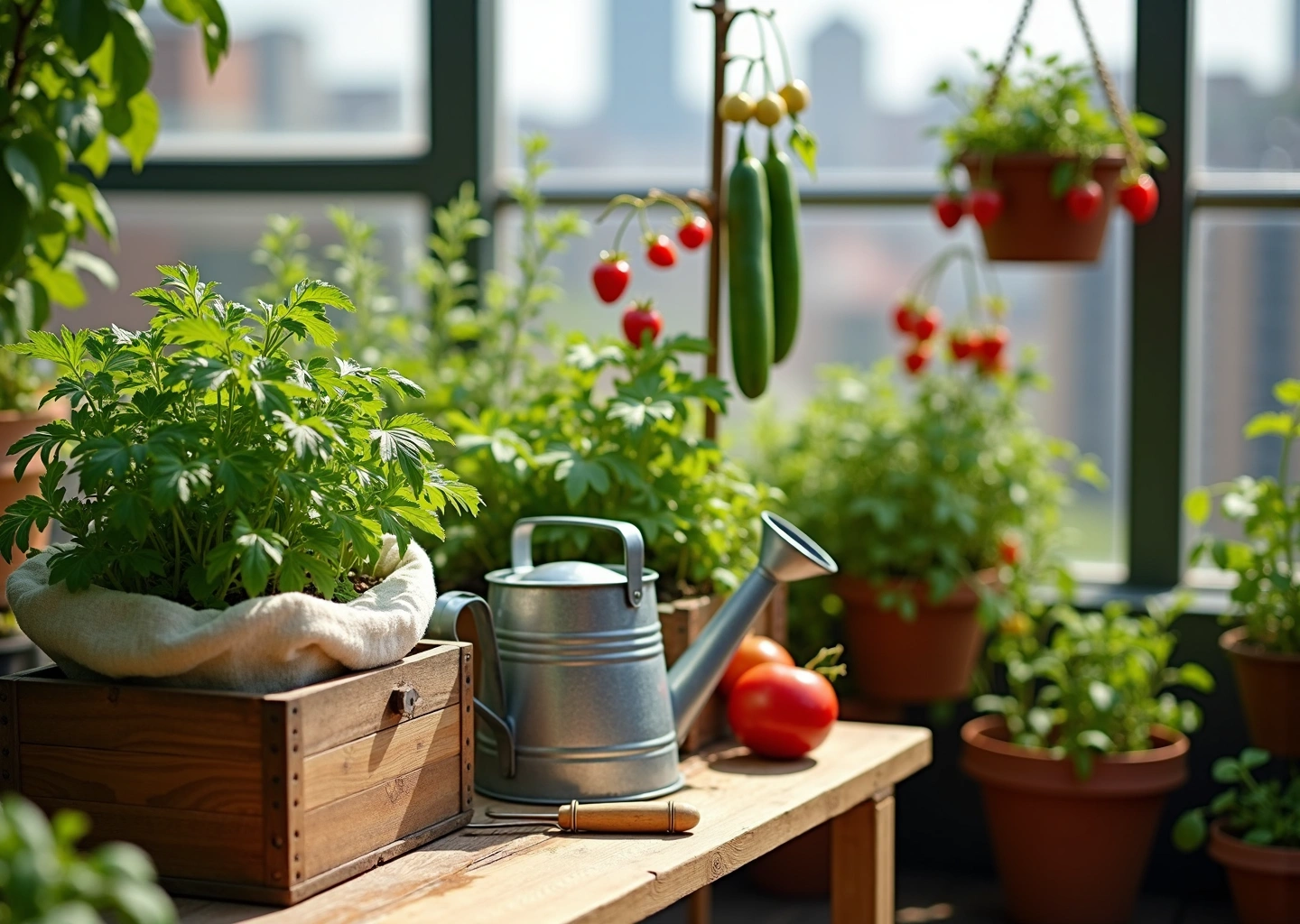 Балконная грядка в ящиках и горшках с салатом, петрушкой, томатами черри и подвесной клубникой на солнечном балконе