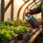 Интерьер весенней дачной теплицы с рассадой и ранними зелёными культурами, освещённый утренним солнцем