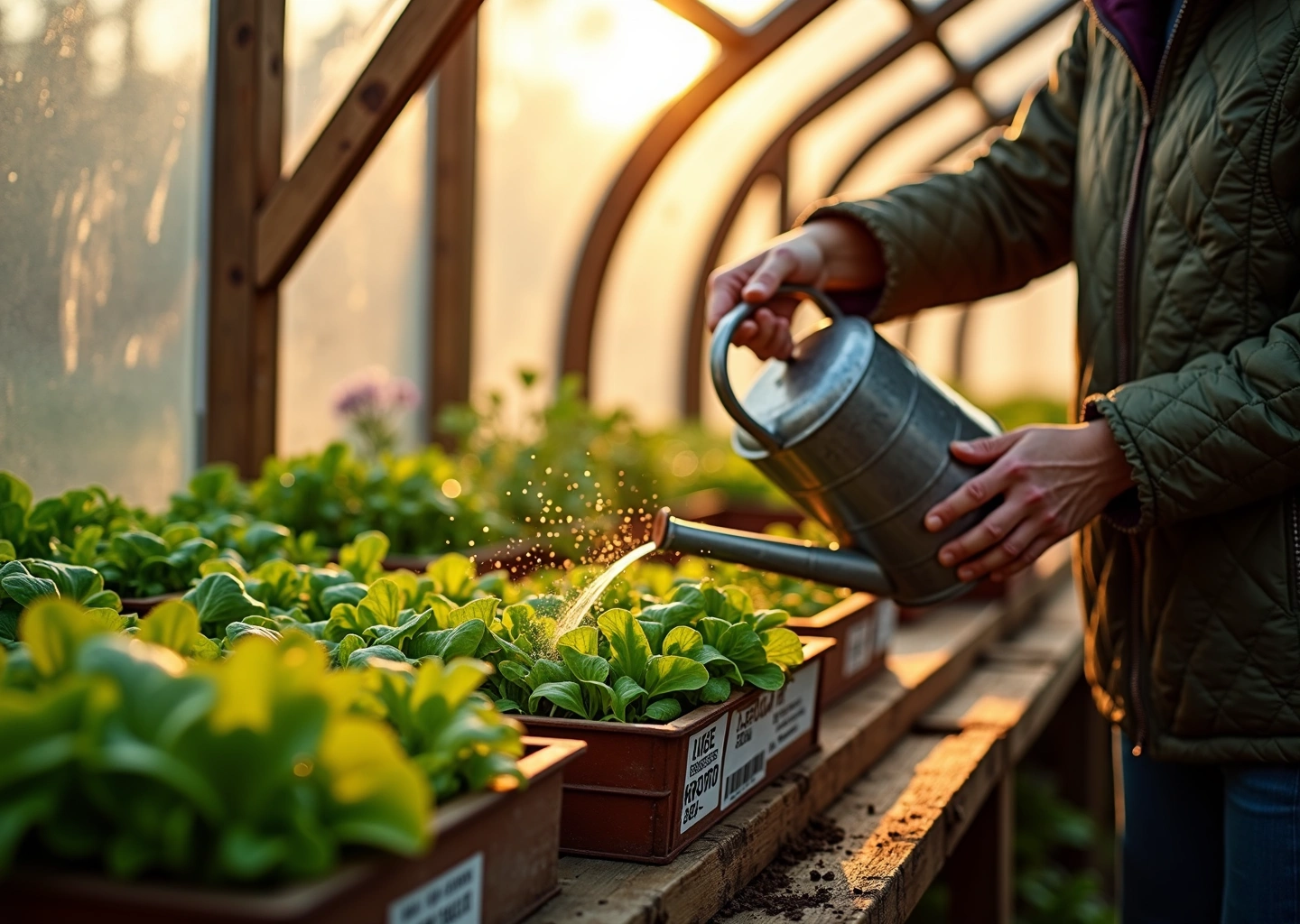 Интерьер весенней дачной теплицы с рассадой и ранними зелёными культурами, освещённый утренним солнцем