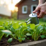 Пышная зелёная руккола на приподнятой грядке дачи, рядом рука дачника с лейкой