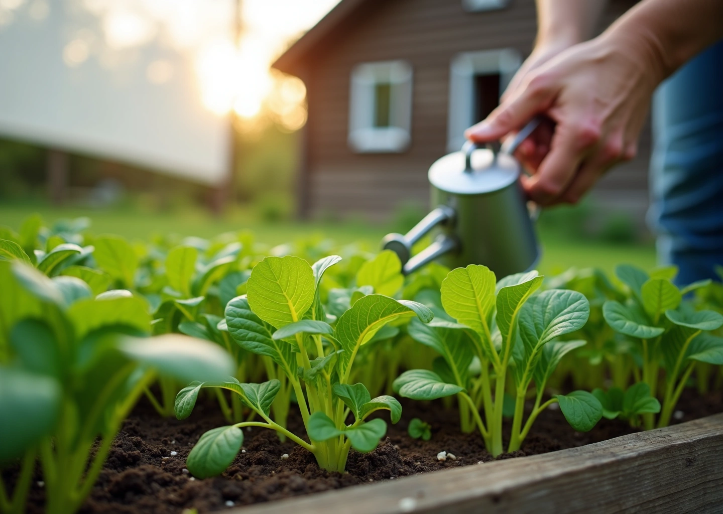 Пышная зелёная руккола на приподнятой грядке дачи, рядом рука дачника с лейкой