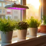 Подоконник с горшками укропа петрушки и зелёного лука под светодиодной фитолампой, солнечный городской вид за окном