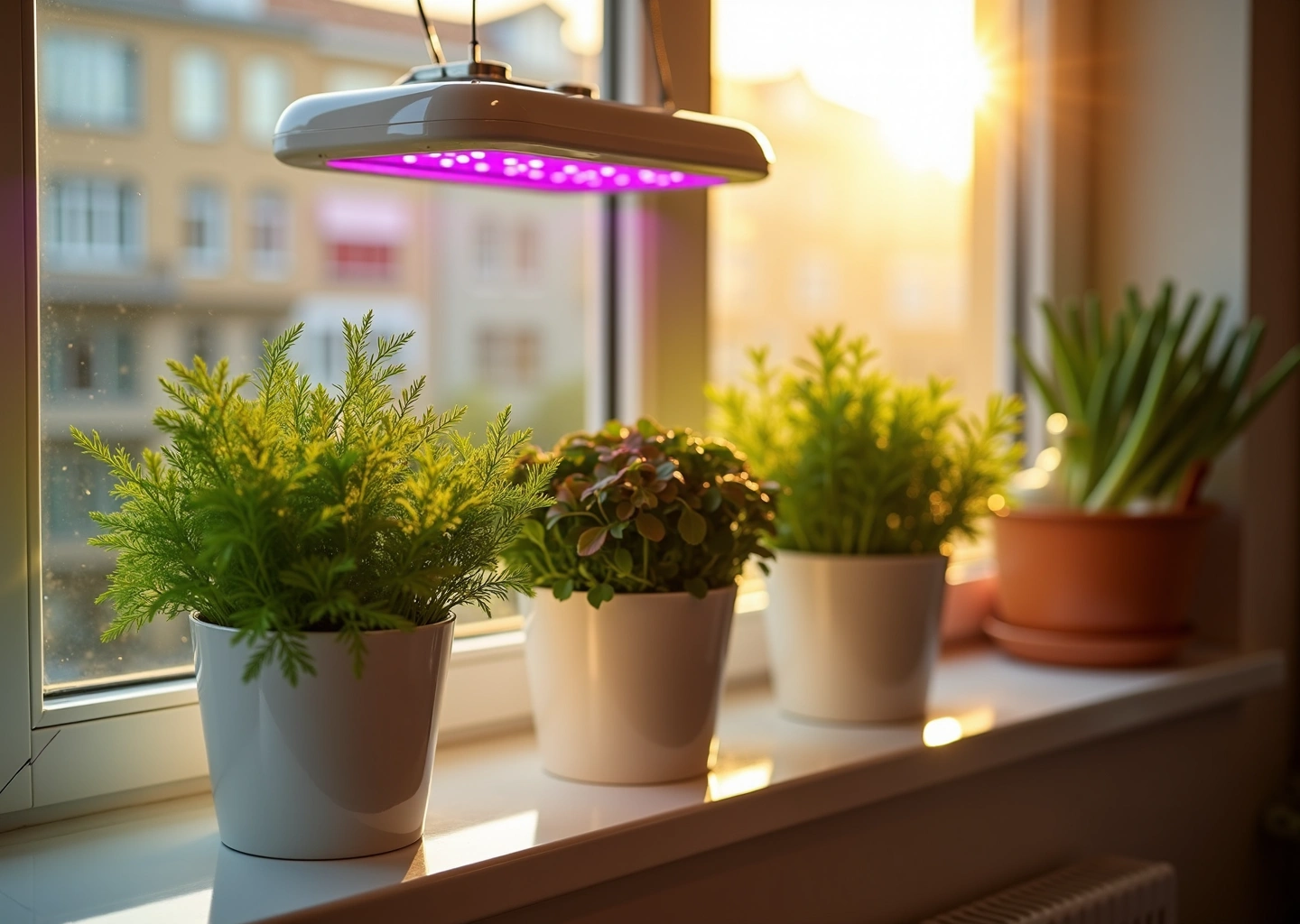 Подоконник с горшками укропа петрушки и зелёного лука под светодиодной фитолампой, солнечный городской вид за окном