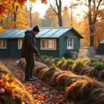 Дачник в октябре убирает листья и готовит грядки к зиме рядом с утеплённой теплицей и посаженным чесноком