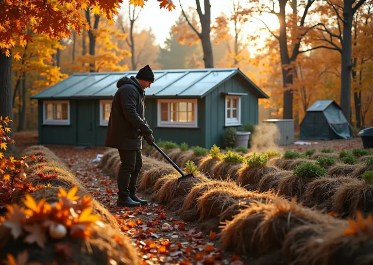 Дачник в октябре убирает листья и готовит грядки к зиме рядом с утеплённой теплицей и посаженным чесноком