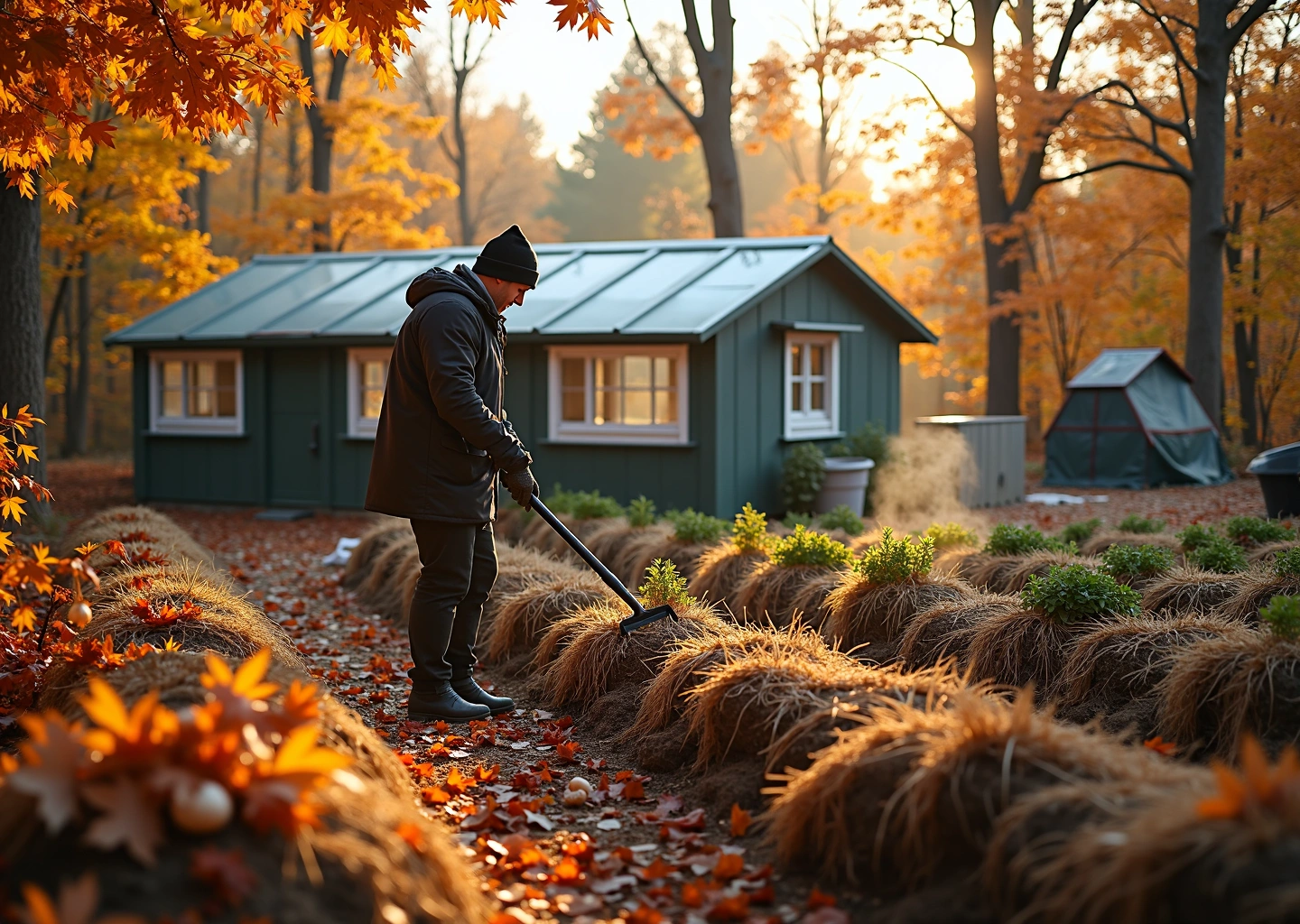 Дачник в октябре убирает листья и готовит грядки к зиме рядом с утеплённой теплицей и посаженным чесноком