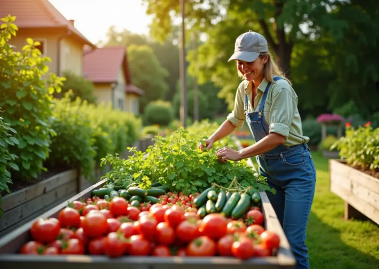 Яркий домашний огород в России с овощами, ягодами и зеленью на грядках и в контейнерах, начинающий садовод ухаживает за растениями на солнечном участке.