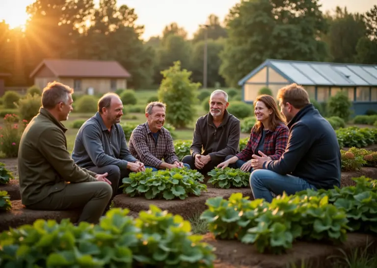 Садовое товарищество на собрании обсуждающее расходы и управление финансами, огород и грядки на фоне