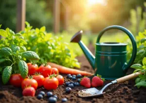 Яркий огород с растущими овощами, ягодами и зеленью на солнечном участке с садовыми инструментами