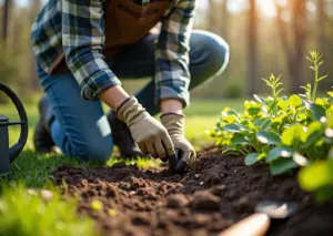 Весенний сад в России с начинающим дачником который подготавливает почву и сажает рассаду овощей и ягод с весенней зеленью и садовыми инструментами