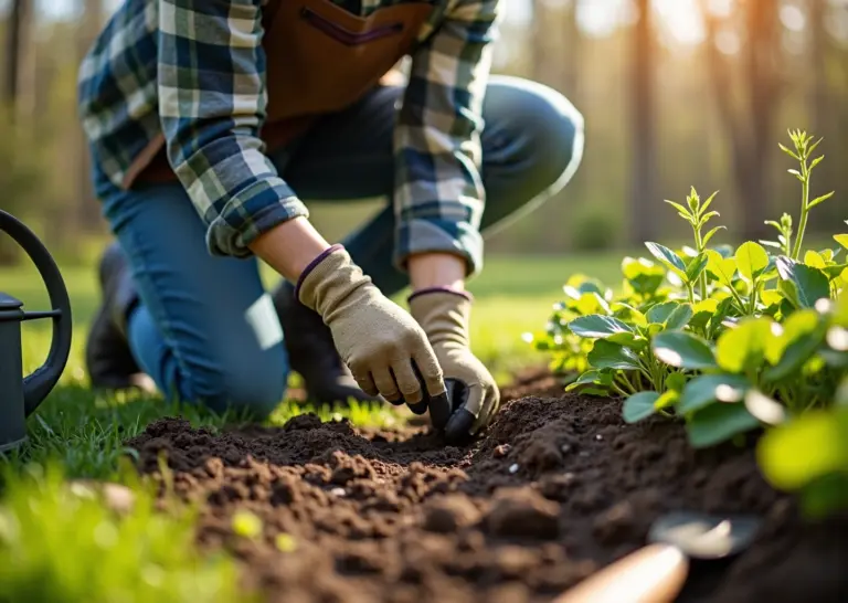 Весенний сад в России с начинающим дачником который подготавливает почву и сажает рассаду овощей и ягод с весенней зеленью и садовыми инструментами