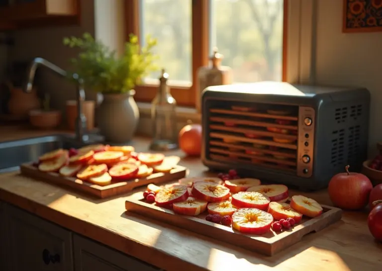 Домашняя сушка яблок, груш и ягод на деревянных подносах, сушилка и солнечный свет в кухне